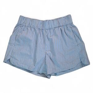 Quince Organic Cotton Pull On Shorts Tribeca Stripe Blue Elastic Waist L